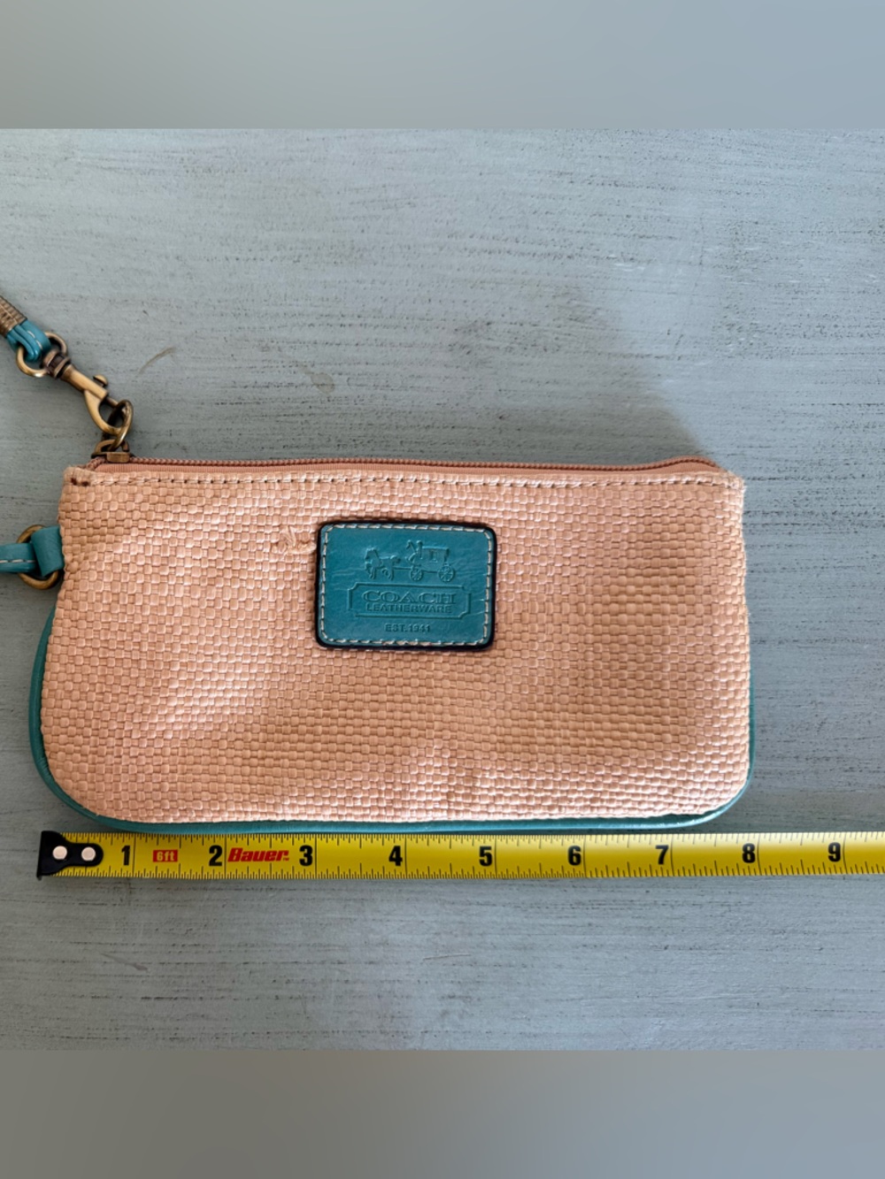 Tan Wristlet Clutch with Teal Trim